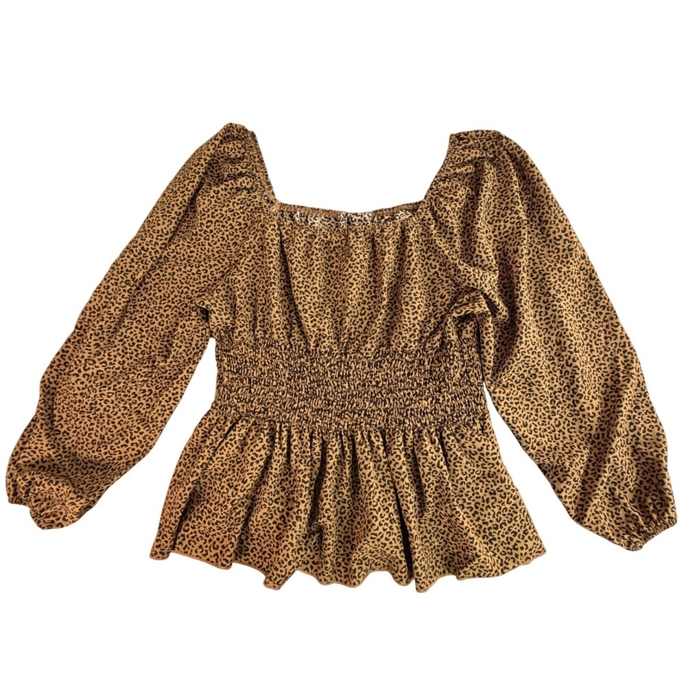 Curve Leopard Print Smocked Waist Peplum Top Brown‎ 2XL Long Sleeve Square Neck